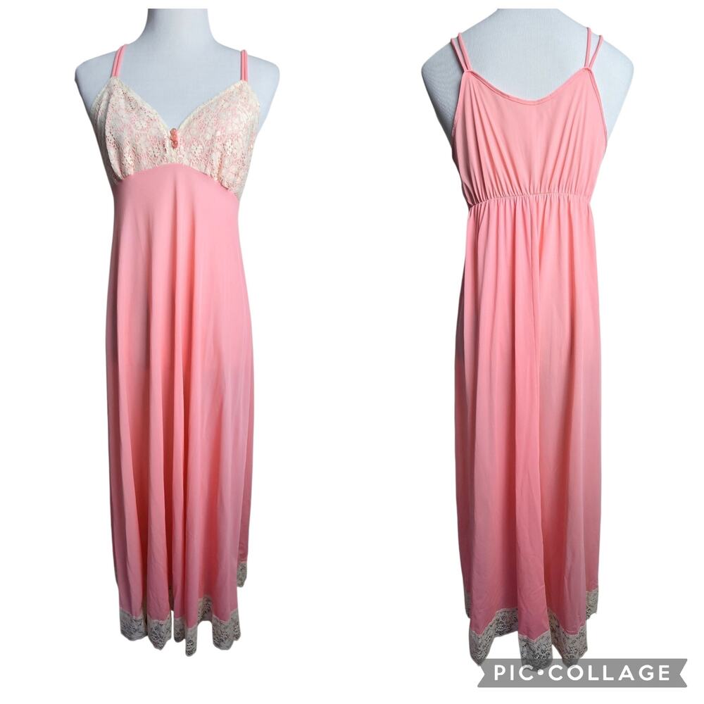 VTG 70s Gilead Lingerie Pink Nylon Lace Maxi Nightgown Slip Dress Coquette Sz 32